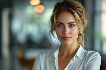 Obraz premium a business woman talking to collegues, in office, over the shoulder angle view, white color tones, realistic
