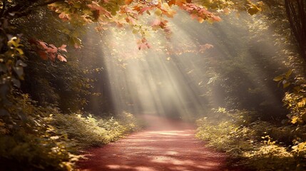 Obraz premium Magical Autumn Forest Path Sunbeams Mystical Woods
