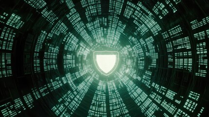 Binary streams wrapping around a glowing shield, creating a data protection theme.