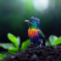Fototapeta premium Colorful bird perched on a dirt surface in a natural outdoor environment