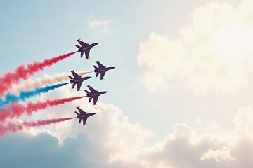 Military jets performing airshow with colorful smoke trails in a vibrant sky