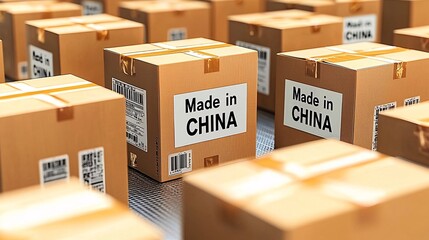 Macro shot of shipping labels on multiple boxes, each indicating their origin as China, with boxes arranged in a grid pattern 