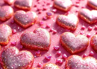 Obraz premium Romantic heart-shaped candies sprinkled with sequins framed with pink background for Valentine's Day