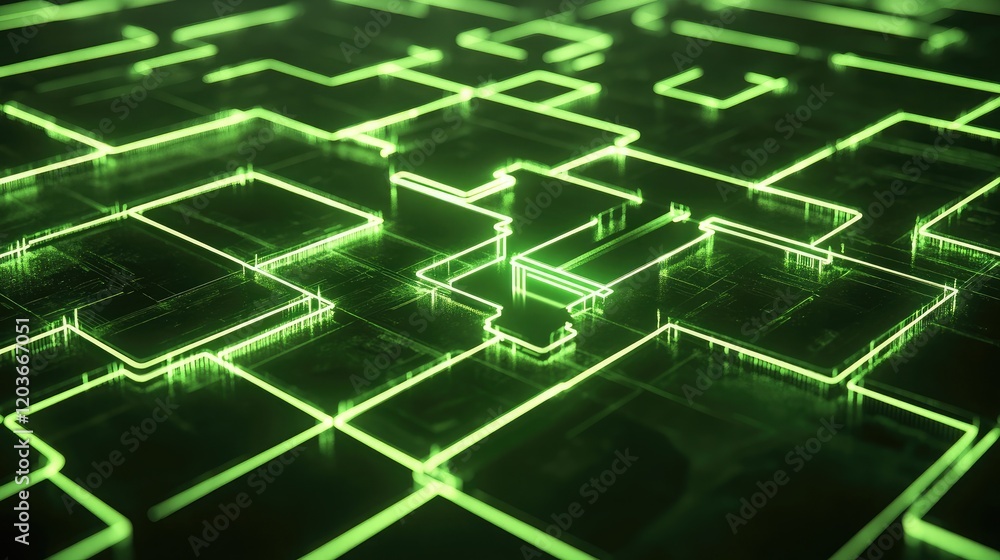 Poster cybersecurity-themed lock made of glowing neon circuits on an abstract dark grid.