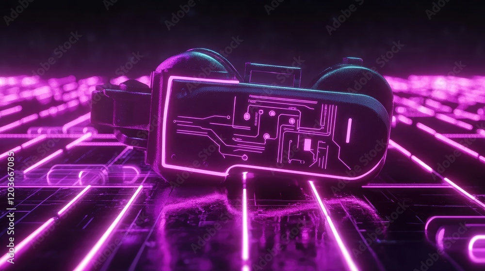 Poster cybersecurity-themed lock made of glowing neon circuits on an abstract dark grid.
