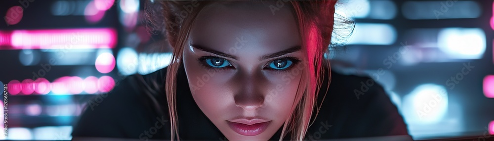Poster futuristic tech enthusiast analyzing data cyber environment digital portrait close-up view innovatio