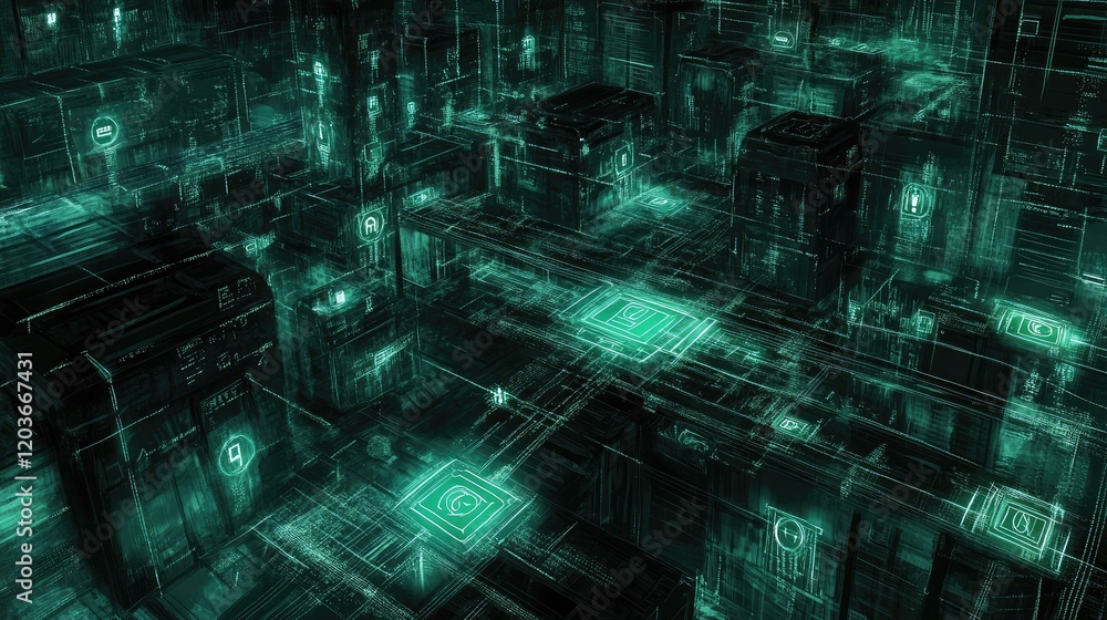 Aufkleber cyber matrix design with glowing locks and shield icons scattered across.
