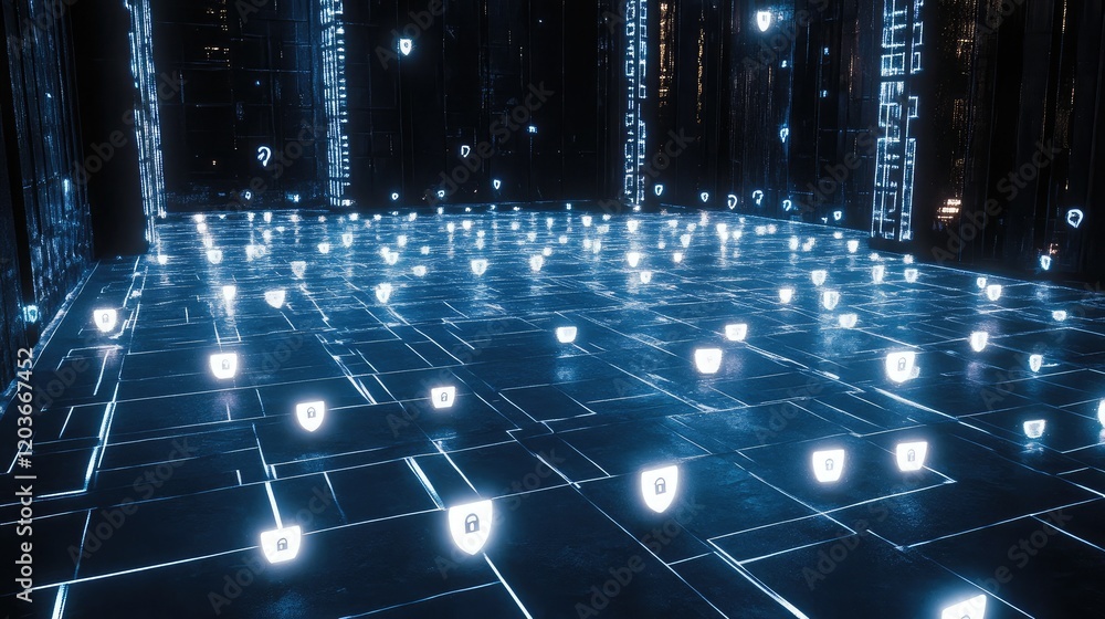 Poster cyber matrix design with glowing locks and shield icons scattered across.