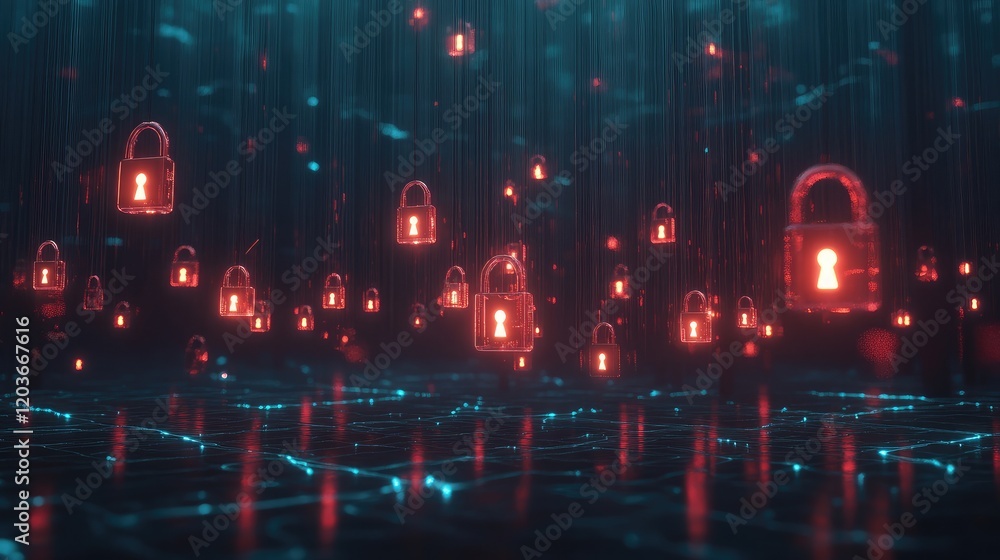 Poster dark-themed cybersecurity concept with glowing neon padlocks hovering over a digital network grid.