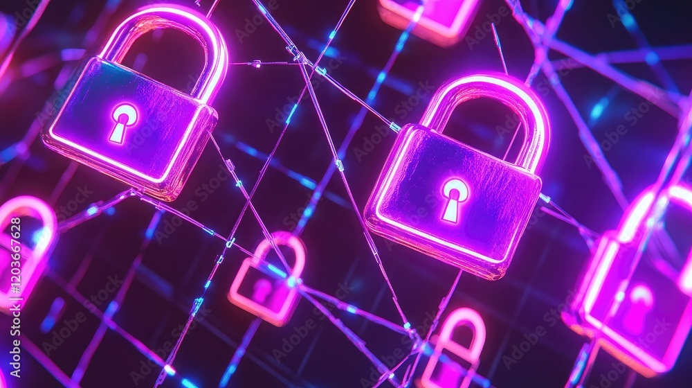 Aufkleber dark-themed cybersecurity concept with glowing neon padlocks hovering over a digital network grid.