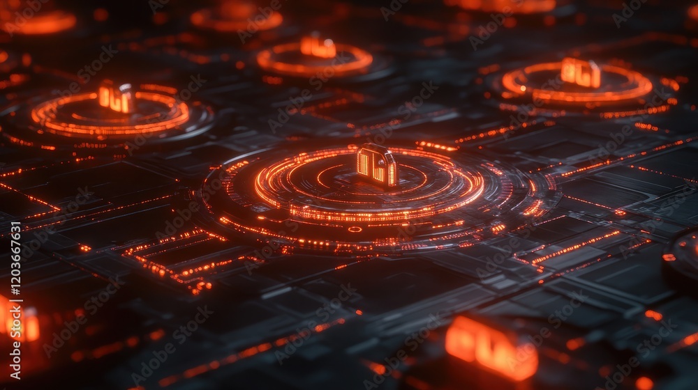 Poster dark-themed cybersecurity concept with glowing neon padlocks hovering over a digital network grid.