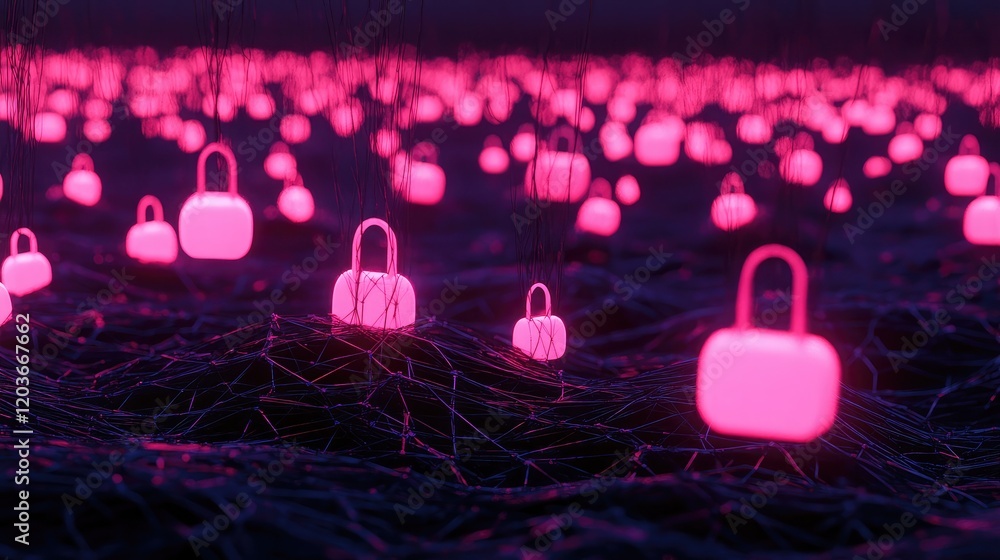 Poster dark-themed cybersecurity concept with glowing neon padlocks hovering over a digital network grid.