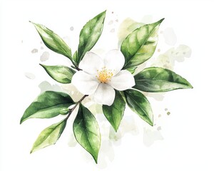 Tea leaves with flower watercolor illustration isolated on white background