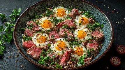Savory Steak and Egg Rice Bowl with Fresh Herbs