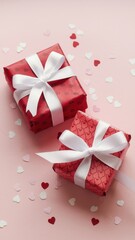 Two red boxes with white ribbons and hearts on them