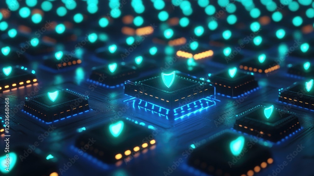 Aufkleber digital circuits glowing in blue and green tones with shield icons scattered across the grid, repres