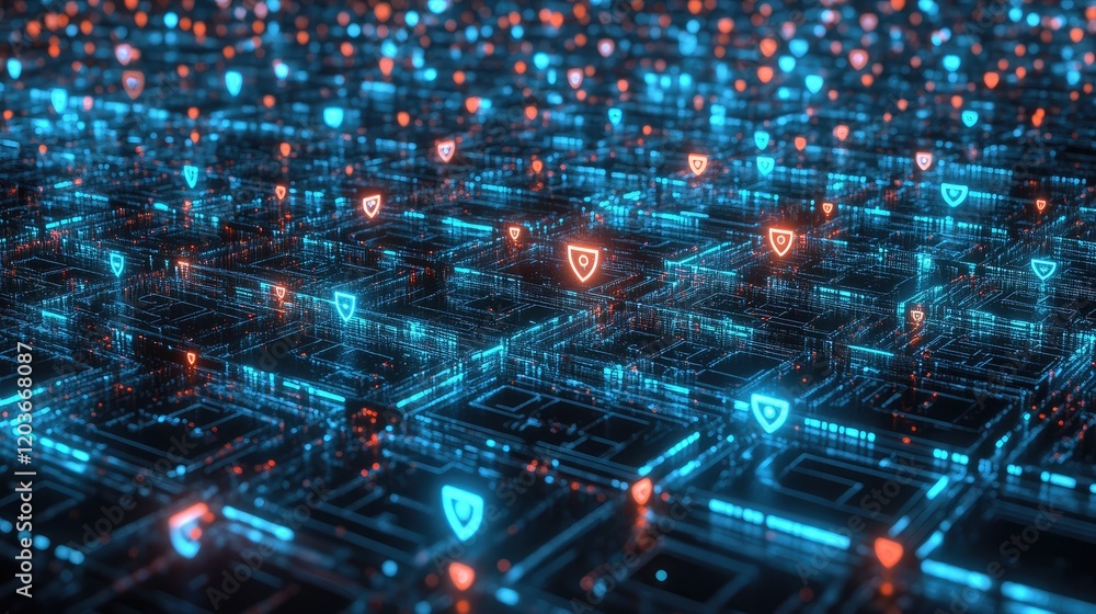 Aufkleber digital circuits glowing in blue and green tones with shield icons scattered across the grid, repres