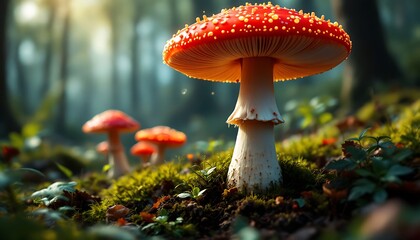 Fototapeta premium Vibrant Red Mushroom Forest Scene Autumnal Mood Mossy Ground