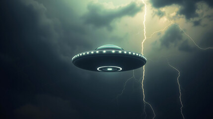 Obraz premium UFO UAP UAS Spacecraft Flying Saucer Aliens Extraterrestrials In A Cinematic Image Style Dark Eerie Paranormal Environment Copy space For Text Logo Or Other graphics 300 PPI High Resolution Image
