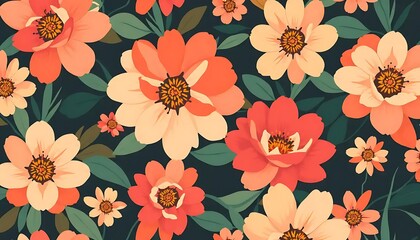 Vibrant Peach and Coral Flowers Dark Green Leaves