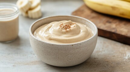 Creamy banana pudding in a rustic bowl, garnished lightly, accompanied by fresh bananas and a jar of sauce.
