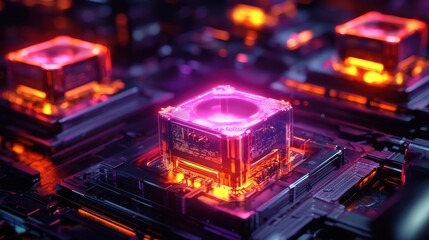 Fototapeta premium Futuristic Digital Circuit Board with Neon Lights and Vibrant Colored Microchips Glowing in Dark Space
