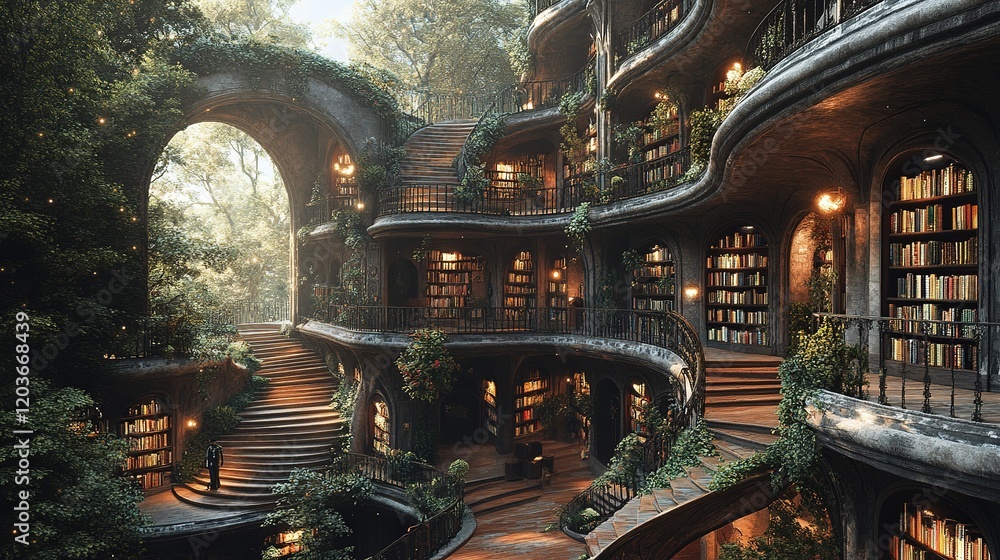 Poster enchanting library nestled in lush forest fantasy architecture serene environment aerial view whimsi