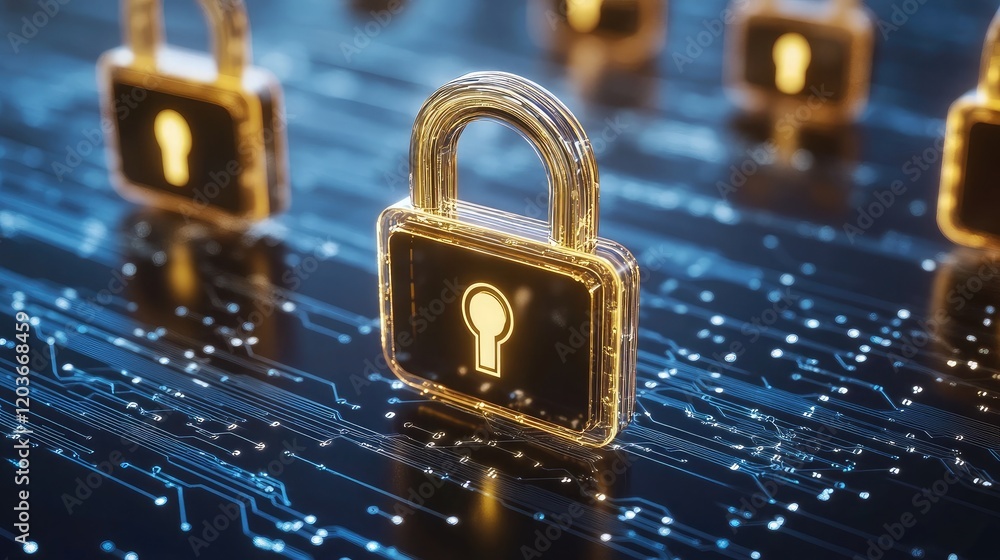Aufkleber futuristic abstract data protection with holographic locks and encrypted pathways.