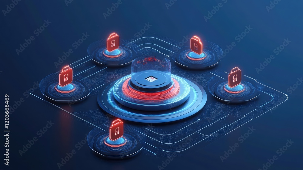 Aufkleber futuristic abstract data protection with holographic locks and encrypted pathways.