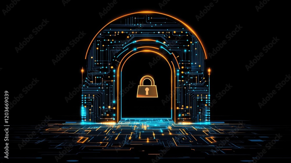 Poster glowing digital circuits forming an abstract cybersecurity icon on a dark background.
