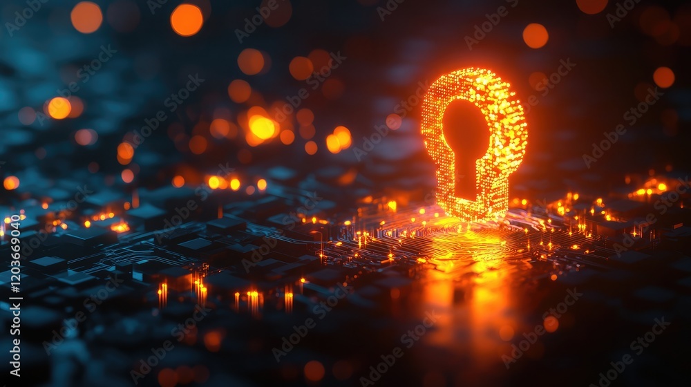 Poster glowing digital circuits forming an abstract cybersecurity icon on a dark background.