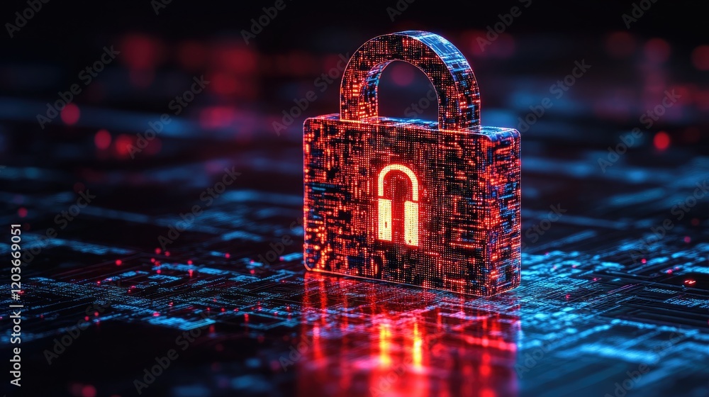 Poster glowing digital circuits forming an abstract cybersecurity icon on a dark background.