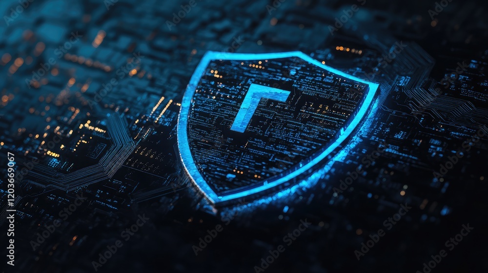 Aufkleber glowing digital circuits forming an abstract cybersecurity icon on a dark background.