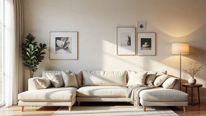 A spacious living room featuring minimalist furniture, large windows allowing natural light, and a neutral color palette with subtle accents