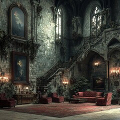 Fototapeta premium Mysterious gathering abandoned mansion digital art gothic style interior view enigmatic atmosphere for fantasy enthusiasts