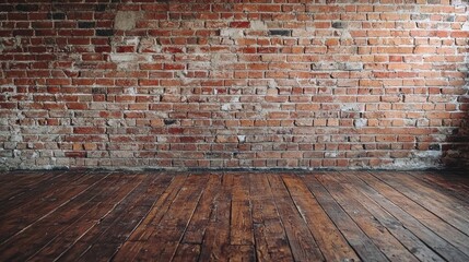 Rustic vintage brick wall with aged wooden floor in historic interior design