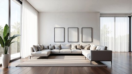 A spacious living room featuring minimalist furniture, large windows allowing natural light, and a neutral color palette with subtle accents