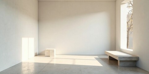 Fototapeta premium A minimalist room bathed in sunlight features a simple concrete bench and cube, offering a serene and contemplative atmosphere.