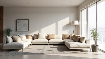 A spacious living room featuring minimalist furniture, large windows allowing natural light, and a...