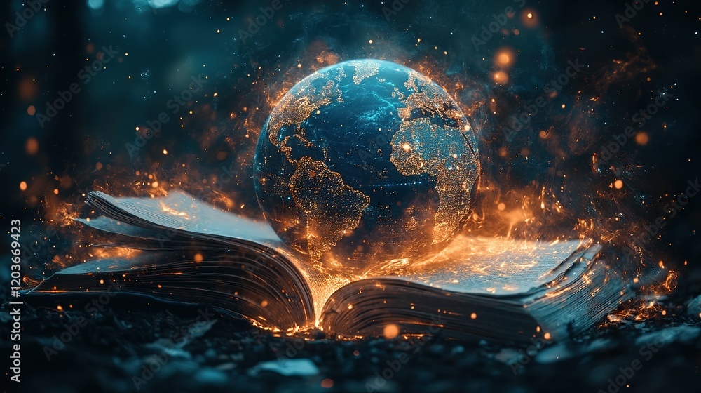 Poster igniting knowledge a burning earth emerges from an open book in a mystical forest setting