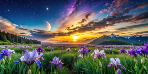Fototapeta premium Celestial Iris Serenity: A Panoramic View of Ethereal Skies and Vibrant Iris Fields Under a Tranquil Sunset, Capturing the Harmony of Nature's Colors and Celestial Wonders