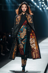 An Asian supermodel walks in an elegant coat on the runway. A female model demonstrates winter collection at a fashion show. AI-generated