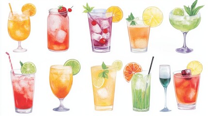 A vibrant assortment of colorful cocktails featuring fruits, ice, and garnishes, perfect for summer celebrations and refreshing gatherings.