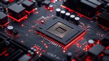 Fototapeta premium Close up image of a computer processor chip on a circuit board with electronic components