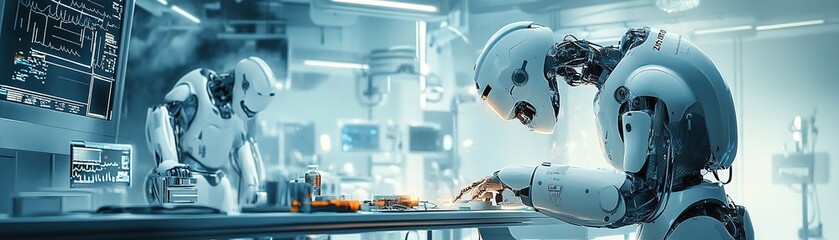 Robots assembling technology components in a futuristic lab environment with high-tech machinery