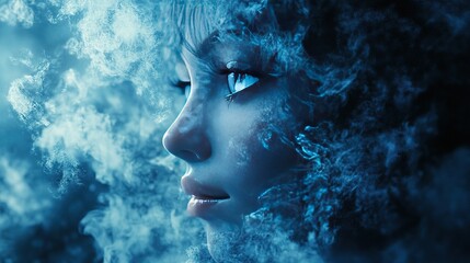 Ethereal ice-faced woman enigmatic realm digital art mystical environment close-up viewpoint concept of frozen beauty