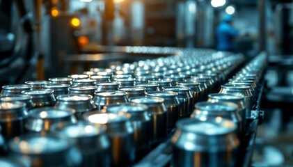 Fototapeta premium Aluminum Cans Moving Along A Conveyor Belt In A Factory