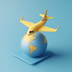 Fototapeta premium Traveling the world airplane over globe digital art minimalist style blue background