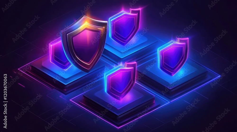 Poster layers of glowing security shields integrated into a dark and futuristic interface grid.