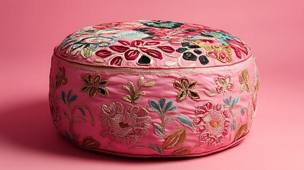 Modern style pouf with intricate embroidery on pink background